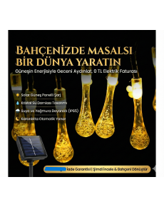 10 Led 2 Metre Sarı Kristal Su Damlası Güneş Enerjili Led Işık Solar Bahçe Ağaç Lamba Aydınlatması